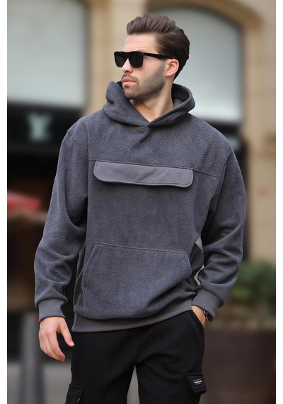 Madmext Füme Kapüşonlu Kapaklı Cep Detaylı Polar Erkek Sweatshirt 7097 Füme