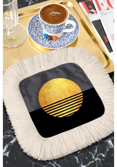 Lüks Güneş Siluetli Saçaklı Sunum Peçetesi - Minimalist Modern Gece Siyah Bardak Altlığı Mendil Soft Kumlu Nar
