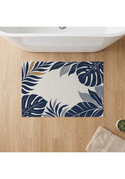 Kartela Halı Botanik Yaprak Desenli Banyo Paspası Lacivert Kaymaz Taban 60x90 Cm