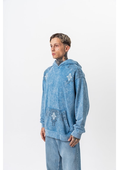Respire Erkek 10 Baskılı Yıkamalı Kapüşonlu Oversize Hoodie Mavi