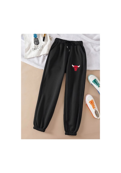 Tarzsokak Unisex Kadın/erkek Bulls Baskılı Özel Renkli Paça Lastik Eşofman Altı Jogger Siyah