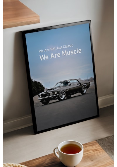 1969 Ford Mustang Boss 429 Siyah Ahşap Çerçeveli Poster, Dekoratif Araba Duvar Tablosu