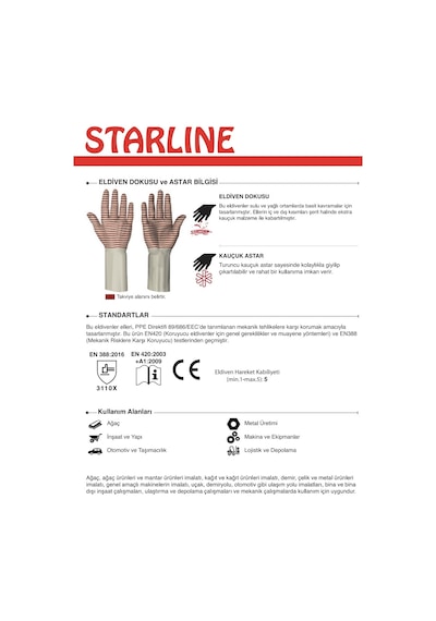 Kauçuk Eldiven Hava Ve Sıvı Geçirmeyen Yağlı Ortam Eldiveni Starline H2-45 No 11