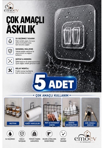 5 Adet Kapı Duvar Askısı, Kendinden Yapışkanlı Şeffaf Askı, Güçlü Kapı Askısı, 6x6cm Şeffaf Şeffaf
