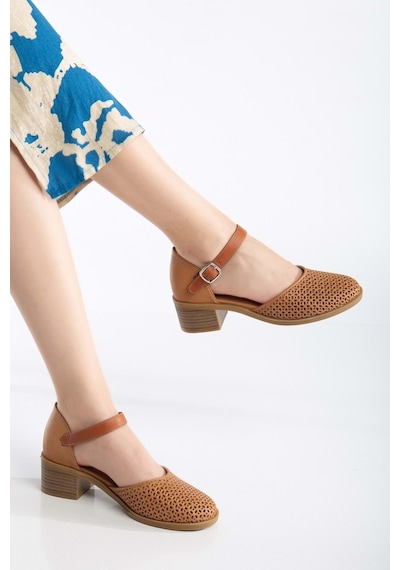 Analin Shoes Kadın Hakiki Deri Burnu Kapalı Delikli Sandalet Taba
