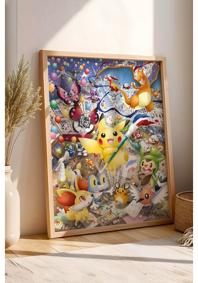 Pikachu Sanat Festivali Çerçeveli Tablo - Lüks Çok Renkli Pokemon Anime Çocuk Odası Duvar Dekoru Kayın