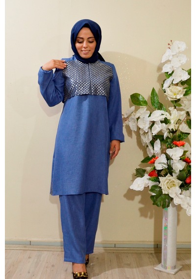 Deryam Tekstil Kadın Sofya Keten Tunik Pantolon Takımı Mavi 40 Beden Mavi