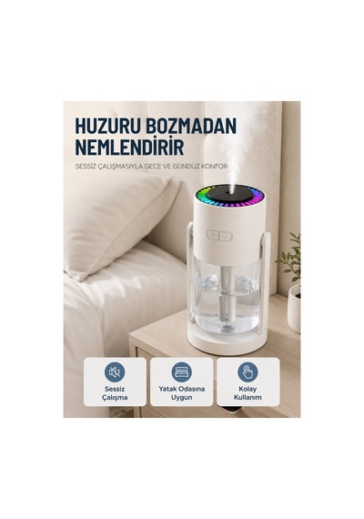 Taşınabilir Ha Nemlendirici Led Işıklı Şeffaf Hazneli Ev Ofis Yatak Odası Nemlendirme