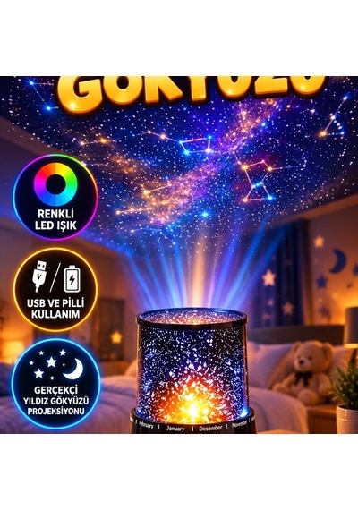 Yıldızlı Gökyüzü Projektör Gece Lambası Led Renk Geçişli Usb Ve Pilli Kullanım Renkli