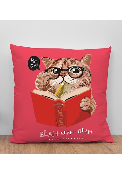 Bk Gift Kedi Tasarımlı Kırmızı Kırlent Yastık, Arkadaşa Hediye, Ev Dekorasyonu, Ev Hediyesi-5