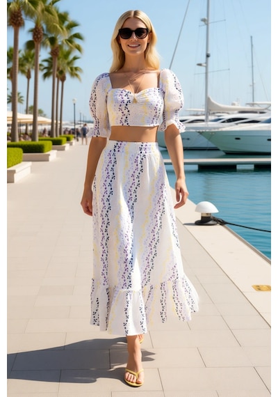 Benerly Kadın Çiçekli Desenli Brode Dokuma Crop Top Midi Etek Takımı Kalp Beyaz