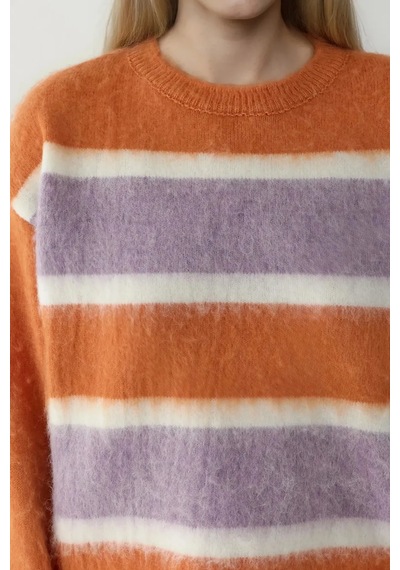 Hiccup Relaxed Fit Renkli Çizgili Triko Kazak Neon Pembe