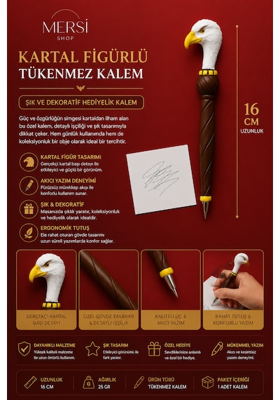 Kartal Figürlü 16 Cm Tükenmez Kalem Şık Ve Dekoratif Hediyelik Kalem Beyaz - Siyah
