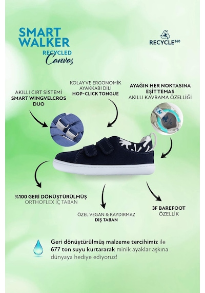 Smart Walker  Canvas Play Eco Lacivert Barefoot Çocuk Ayakkabı