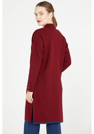 Dik Yaka Cepli Uzun Triko Ceket - Bordo 001