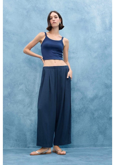 Defacto Balloon Fit Çift Cepli Normal Bel Crop Keten Karışımlı Pantolon F9960ax25aunv207 Lacivert