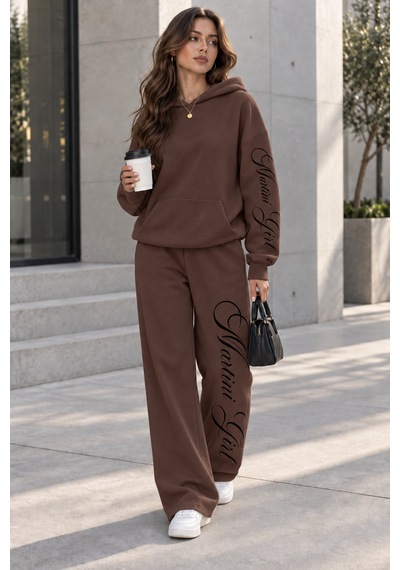 Macklin Unisex Kadın Erkek Martini Girl Kol Paça Baskılı Oversize 3 İplik Kapüşonlu Sweatshirt Ve Baggy Eşofman Altı Kahverengi