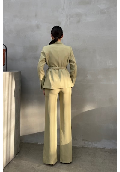 Msm Fashion Kadın İkili Kuşaklı Blazer Ceket Pantolon Takım Açık Haki