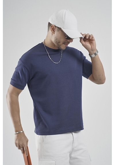 King Brich Slim Fit Kalıp Kolu Ribanalı Basic %100 Pamuklu Tişört Lacivert
