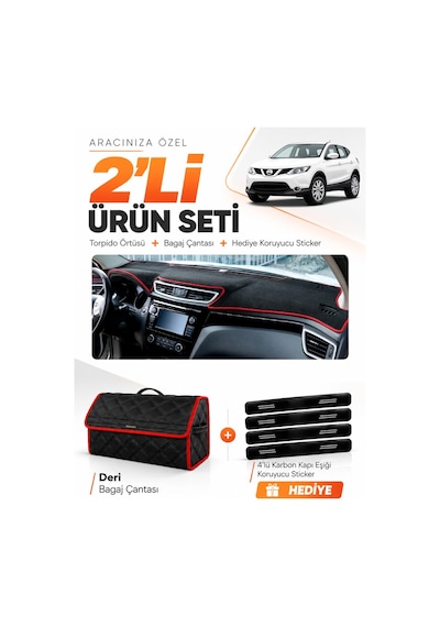 Nissan Qashqaı J11 2013-2020 Uyumlu Torpido Örtüsü + Deri Bagaj Çantası + Sticker - Siyah Kırmızı