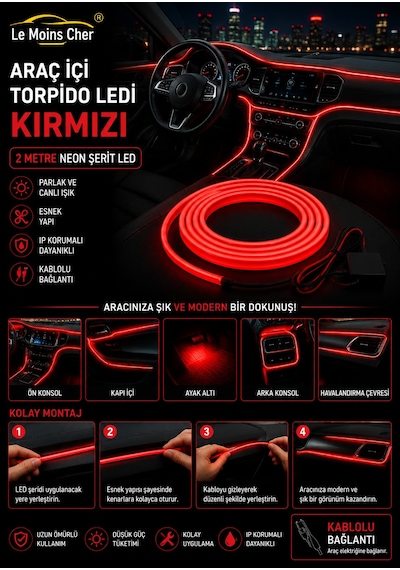 Skoda Fabia Ambition Araç İçi Torpido Ledi Kırmızı 2 Metre Neon Ip Şerit Led