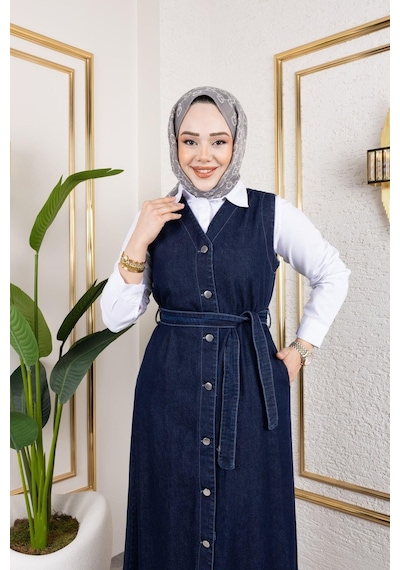 Harman Butik Kadın Düğmeli Kuşaklı Kot Jile Lacivert