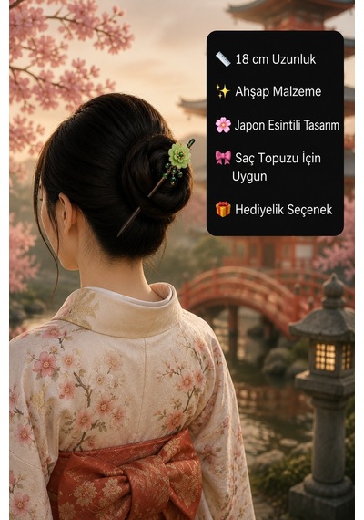 Yeşil Lotus Çiçekli Doğal Ahşap Saç Çubuğu El Yapımı Japon Esintili Topuz Tokası Çok Renkli