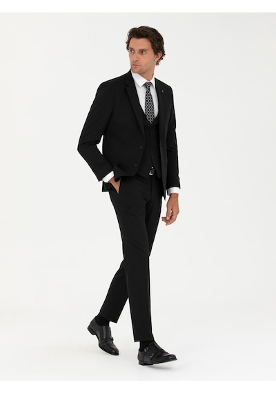 Cacharel Siyah Slim Fit Yün Karışımlı Yelekli Takım Elbise