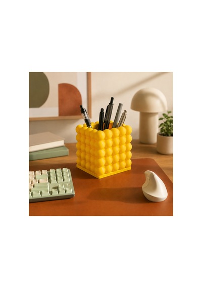 3dmarketi Baloncuk Desenli Sarı Kalemlik 9x9x10 Cm - Masa & Ofis Masası Kalemlik