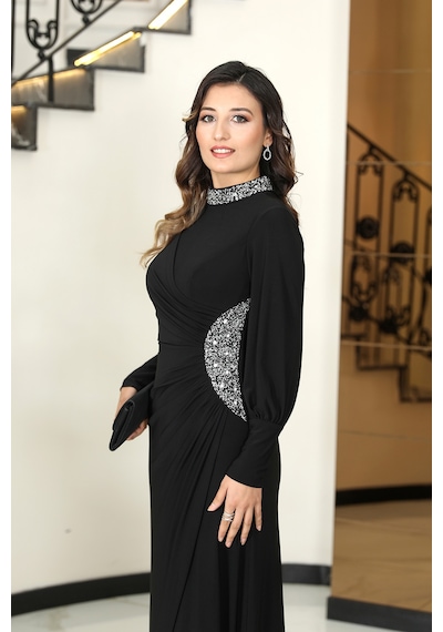 Raika Moda Taş Detaylı Lavinni Tesettür Abiye Elbise Siyah