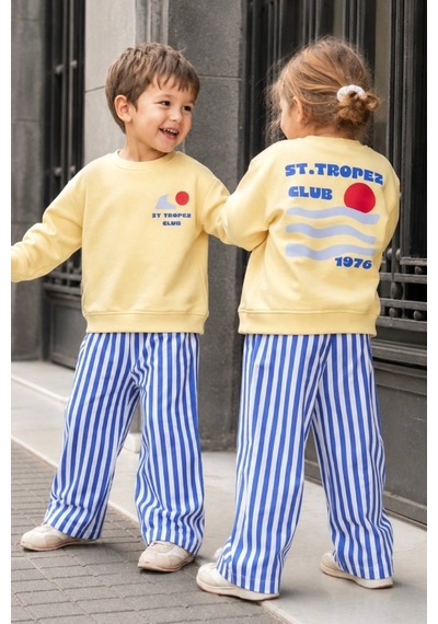 Çocuk Baskılı Sweatshirt Ve Çizgili Eşofman Takım Sarı