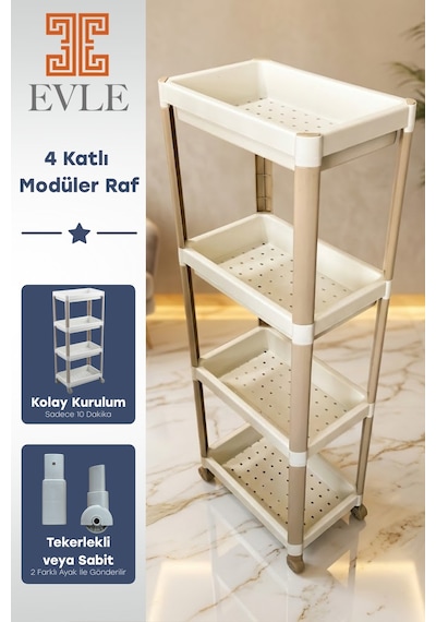 4 Katlı Tekerlekli Modüler Raf Ünitesi - Çok Amaçlı Mutfak Banyo Balkon Düzenleyici Beyaz