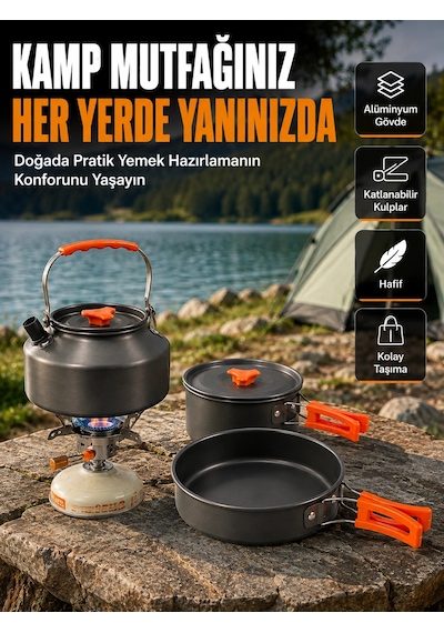 Mey İthalat Katlanabilir Kulplu Alüminyum Kamp Tencere Tava Çaydanlık Seti Piknik Ve Doğa Kampı İçin Çok Renkli