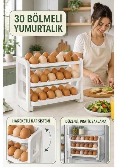 Reoona 30 Bölmeli Yumurta Kutusu 3 Katlı Yumurtalık Buzdolabı Organizeri Saklama Kabı G-771 Metal