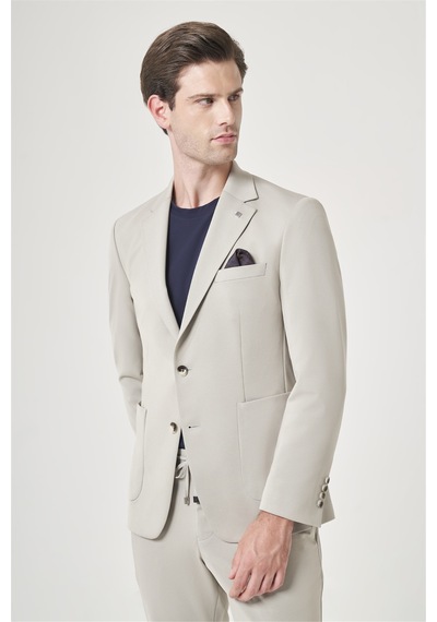 İmza Bej Mono Yaka 6 Drop Slim Fit Esnek Beli Lastikli Takım Elbise 1001260165