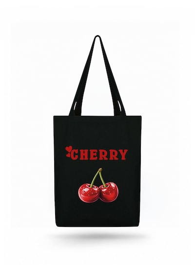 Lunora Collection Cherry Kiraz Baskılı Siyah Körüklü Kanvas Bez Çanta