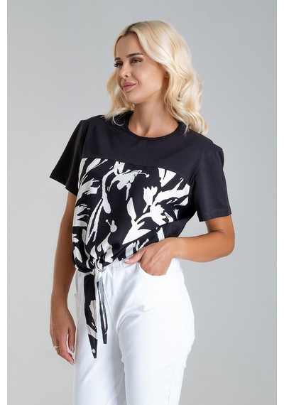 Kadın Bağlamalı Baskılı Viskon Kombinli Likralı Örme Kumaş Sıfır Yaka Tshirt Çok Renkli Kadın Bağlamalı Baskılı Viskon Kombinli Likralı Örme Kumaş Sıfır Yaka Tshirt Çok Renkli