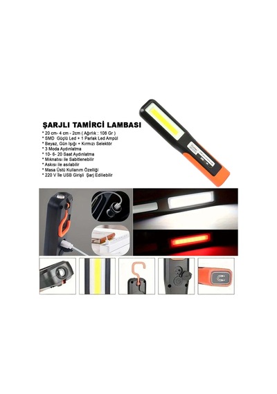 Fener & Kafa Lambası Şarjlı Tamirci Lambası Wt-297 kırmızı