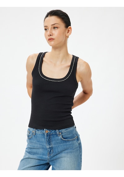 Koton Askılı Tişört Taşlı Fitilli U Yaka Pamuklu Slim Fit Siyah 5wak10058ek Siyah