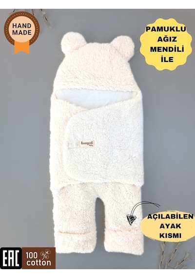 Bebek Dış Kundak Battaniyesi Welsoft Ekstra Uzun Kışlık Peluş Ayakları Açılabilen Uyku Tulumu 0-12ay Ekru