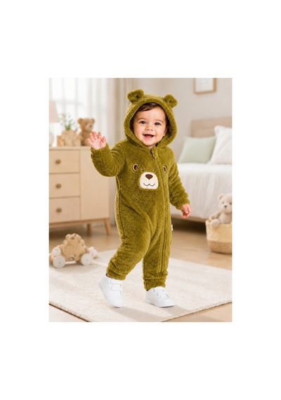 Tatlı Ayıcık Nakışlı Welsoft Peluş Kapüşonlu Fermuarlı Kışlık Unisex Bebek Tulumu Haki