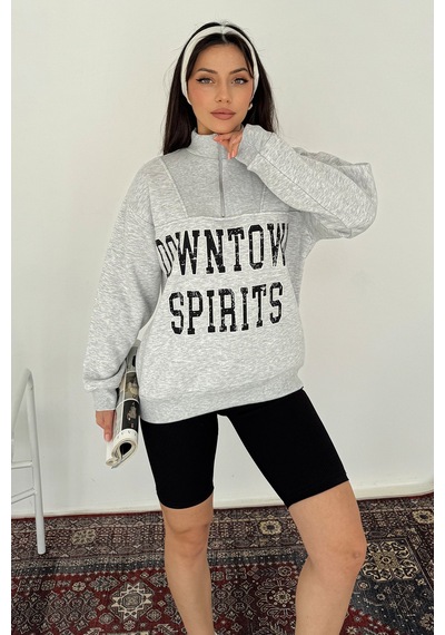 Noa & Noa Kadın Fermuarlı Baskılı Sweatshirt Downtown Energy Gri