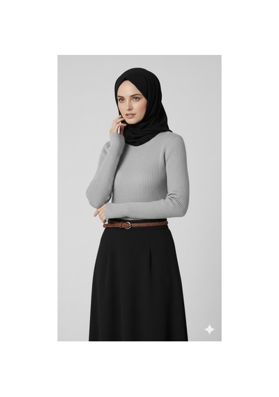 Sonbaharmoda Kadın Boğazlı Likralı Triko Badi Parmak Geçmeli Kol, Tek Beden,100% Akrilik Gri