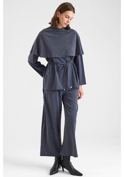 Olcay Şal Aksesuarlı Premium Kumaş Tunik Pantolon Füme 9470-tk