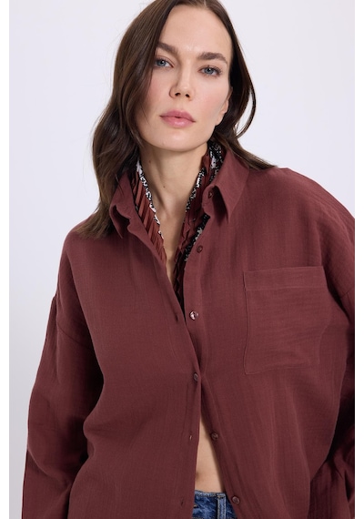 Tudors Kadın Oversize Geniş Kesim %100 Pamuk Müslin Kumaş Uzun Kollu Cepli Dokulu Kahverengi Gömlek-37928 Kahverengi Tudors Kadın Oversize Geniş Kesim %100 Pamuk Müslin Kumaş Uzun Kollu Cepli Dokulu Kahverengi Gömlek-37928 Kahverengi