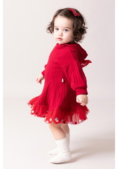 Babymod Kapüşonlu Fiyonklu 100% Pamuk Kız Bebek Elbise Kırmızı