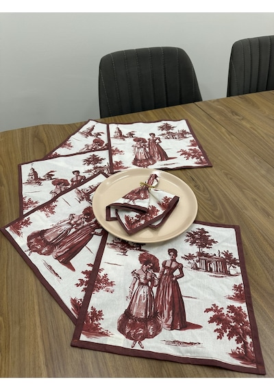 Toile De Jouy Paris Amerikan Servis 6 Lı Set 30x30 Cm %100 Pamuk Dijital Baskılı Klasik Fransız Tarzı Masa Dekoru - Zt720 Kırmızı