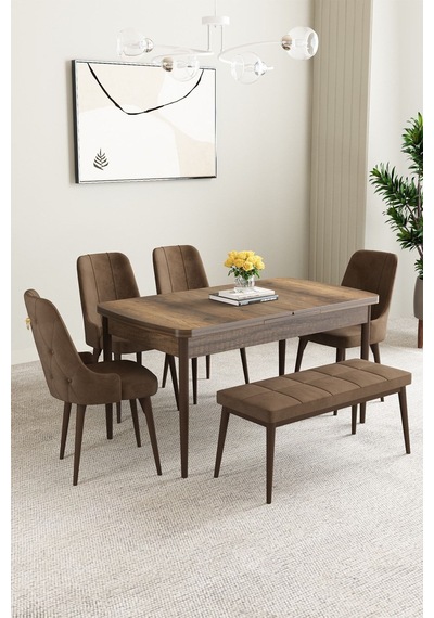 Clara Barok Desen 80x132 Açılabilir Mdf Masa Yemek Odası Takımı,mutfak Takımı 4 Sandalye 1 Bench Kahverengi Clara Barok Desen 80x132 Açılabilir Mdf Masa Yemek Odası Takımı,mutfak Takımı 4 Sandalye 1 Bench Kahverengi