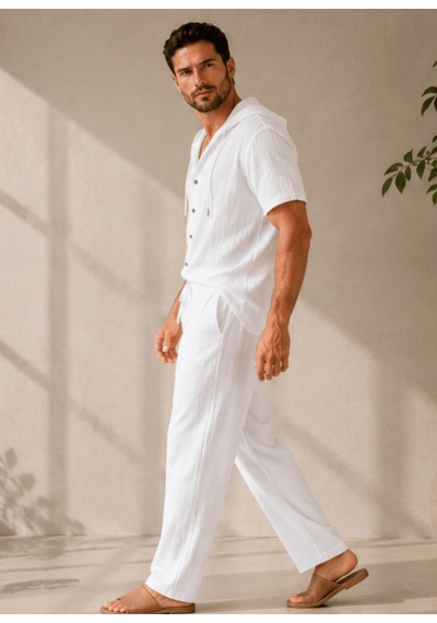 Erkek Müslin Kapşonlu 3'set Gömlek-şort-pantalon Beyaz