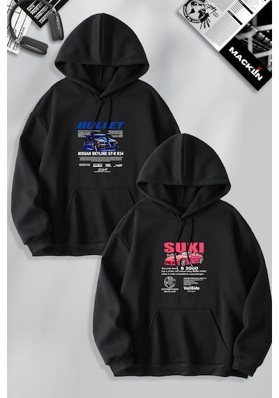 Macklin Sevgili Çift Kombin Hızlı Ve Öfkeli Bullet & Suki Ön Baskılı Kapüşonlu Sweatshirt 2li Set Takım Siyah Mck1288 Siyah